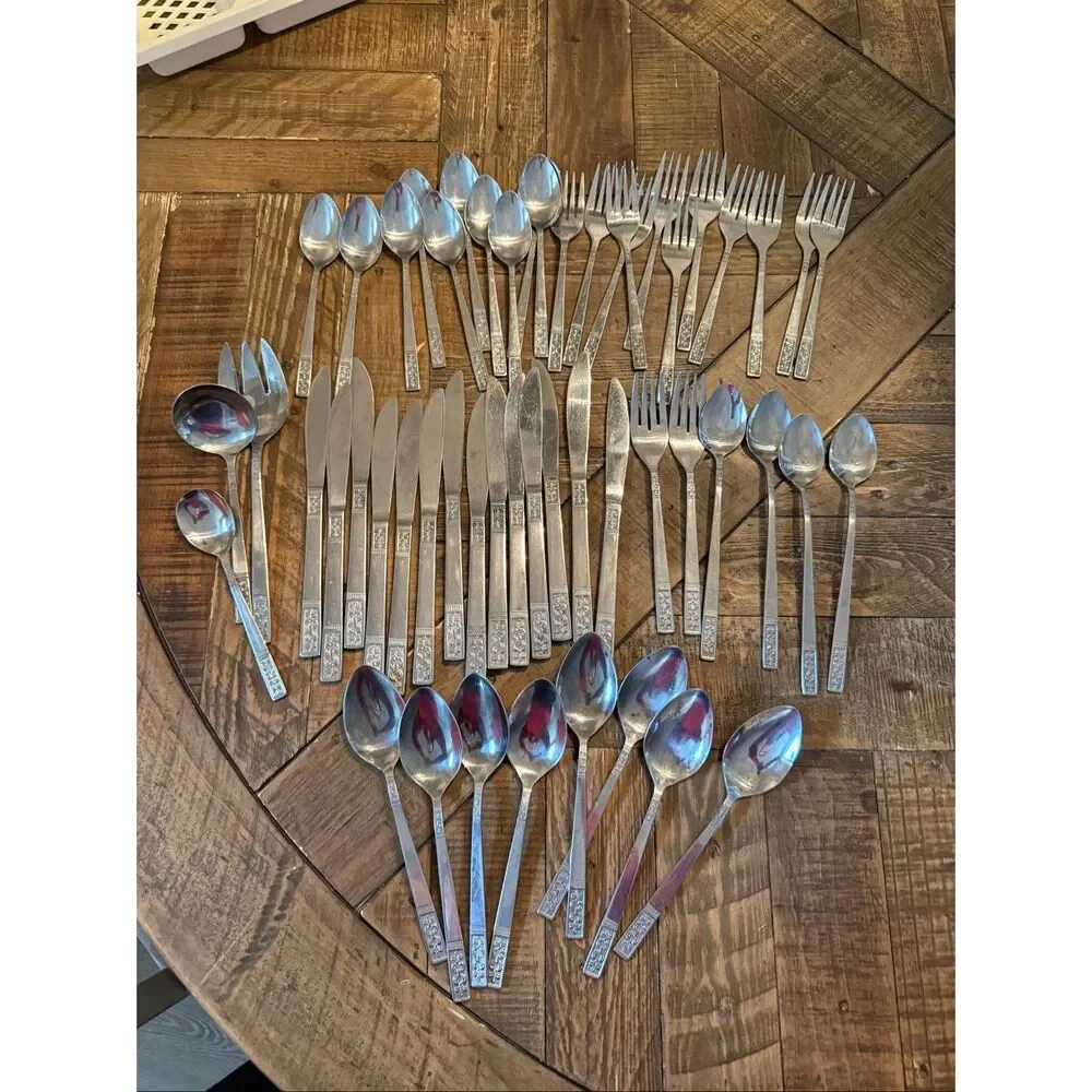 Vintage Custom Craft Stainless Steel Flatware 52PCs Fleur De Lis Mid Century MCM